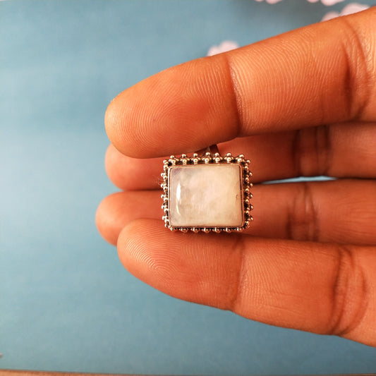 Moonstone Boho Ring - Rainbow Moonstone Sterling Silver Ring - Hand Crafted Bohemian Ring-Bohemian Ring - Square Shape Moonstone ring ,Gift