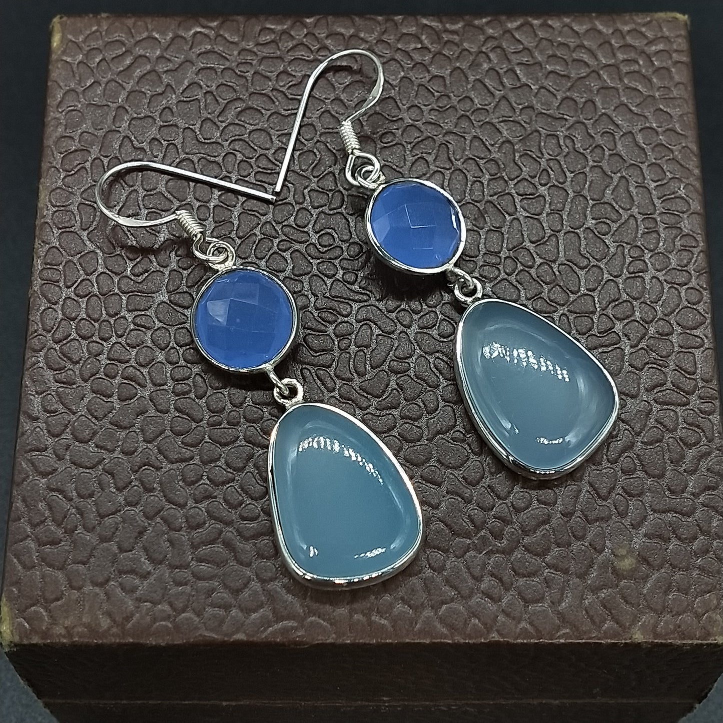 Blue calcy silver earring , handcrafted bohemian earring , earrings ,blue calcy stone , gift for her , jewelry , dangle earrings , freeship