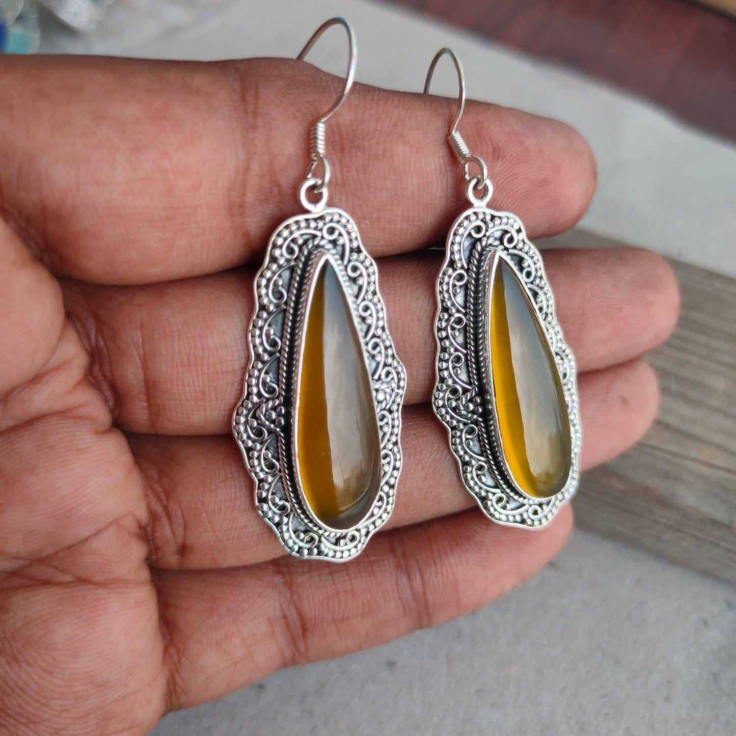 Yellow Calci 925 Sterling Silver - Handmade Earring -Yellow Calci Pear Shape Silver Earrings -  Boho Earrings- Gift for Her- Unique Earring