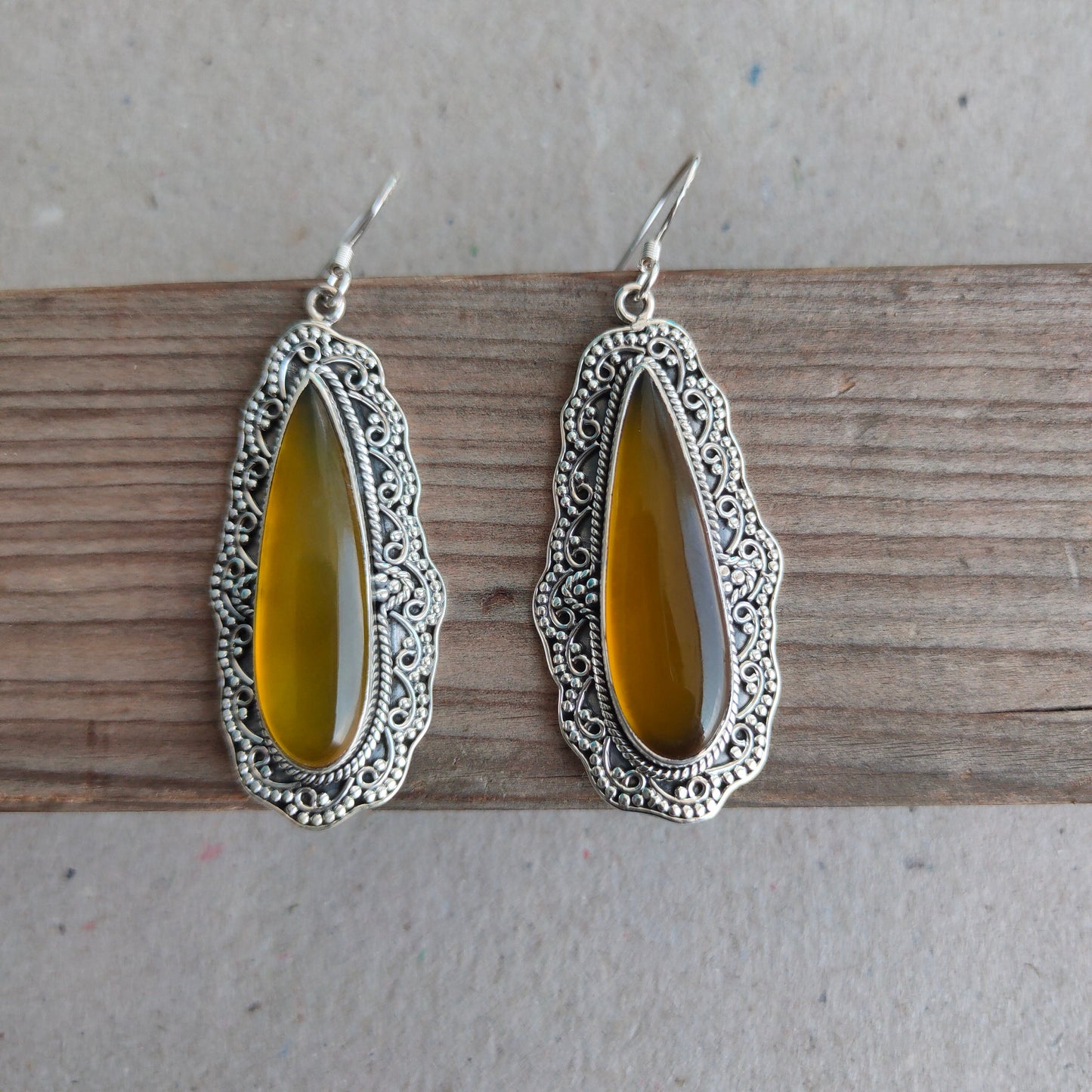 Yellow Calci 925 Sterling Silver - Handmade Earring -Yellow Calci Pear Shape Silver Earrings -  Boho Earrings- Gift for Her- Unique Earring