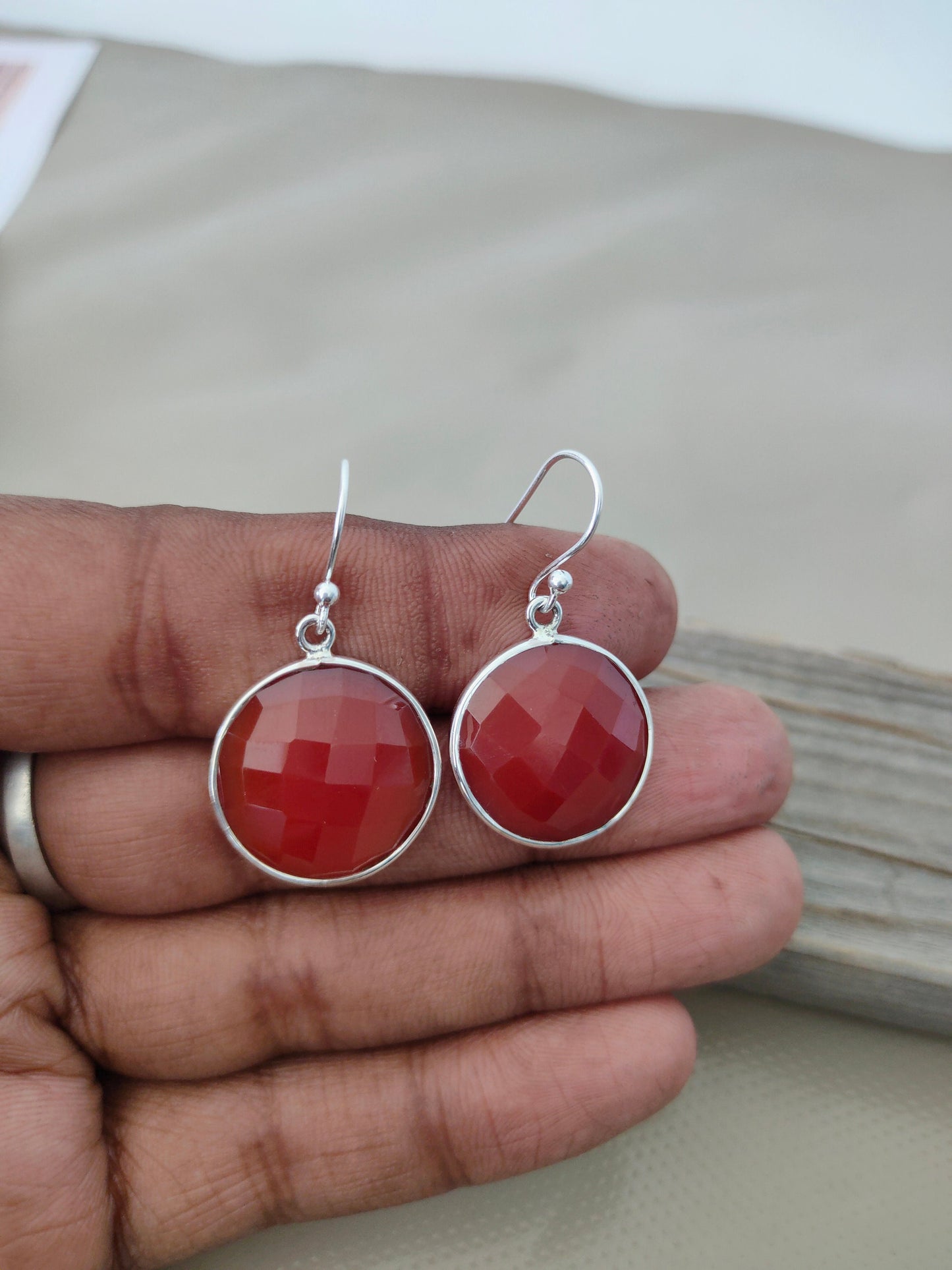 Red Calci Sterling Silver Handmade Earring | Red Calci Stone long earrings  - Gift for Her - Red Calci- Gifts - best gift, christmas gift