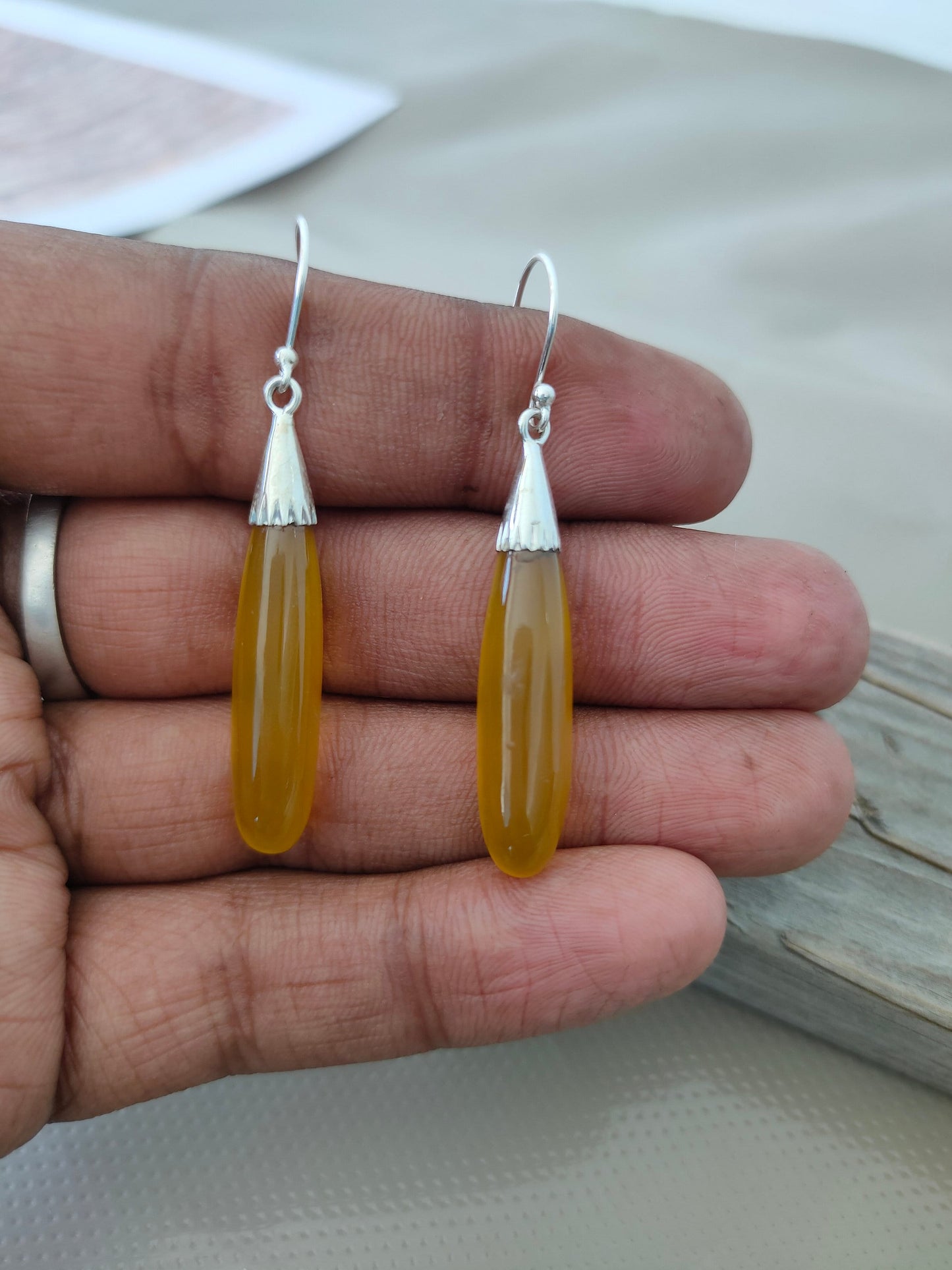 Yellow Calci 925 Sterling Silver - Handmade Earring -Yellow Calci Pear Shape Silver Earrings -  Boho Earrings- Gift for Her- Unique Earring