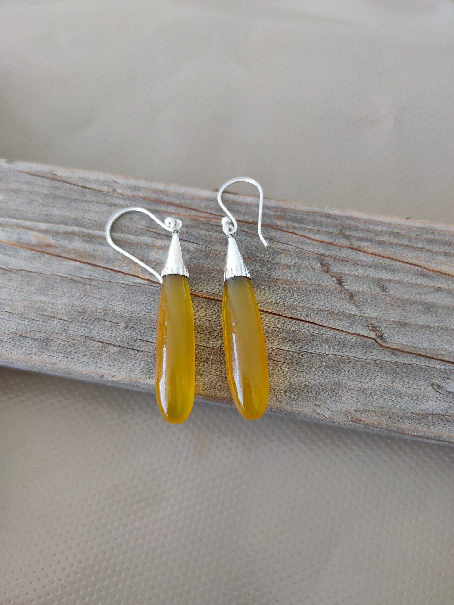 Yellow Calci 925 Sterling Silver - Handmade Earring -Yellow Calci Pear Shape Silver Earrings -  Boho Earrings- Gift for Her- Unique Earring