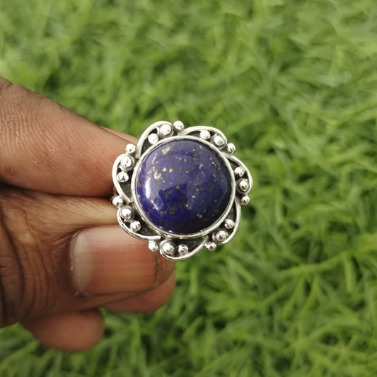 Boho Statement Ring - Lapis Sterling Silver Ring - Hand Crafted Bohemian Ring-Bohemian Ring - Lapis - Rings -Gift for Her- Round Ring