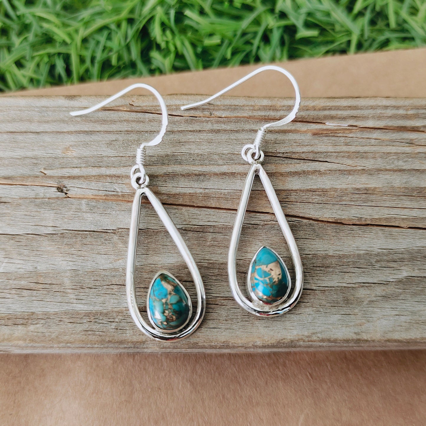 Copper Turquoise Sterling Silver Handmade Earring |Copper Turquoise Stone | Daily Wearable Earrings in Pear Shape | Bezel Earrings Gifts