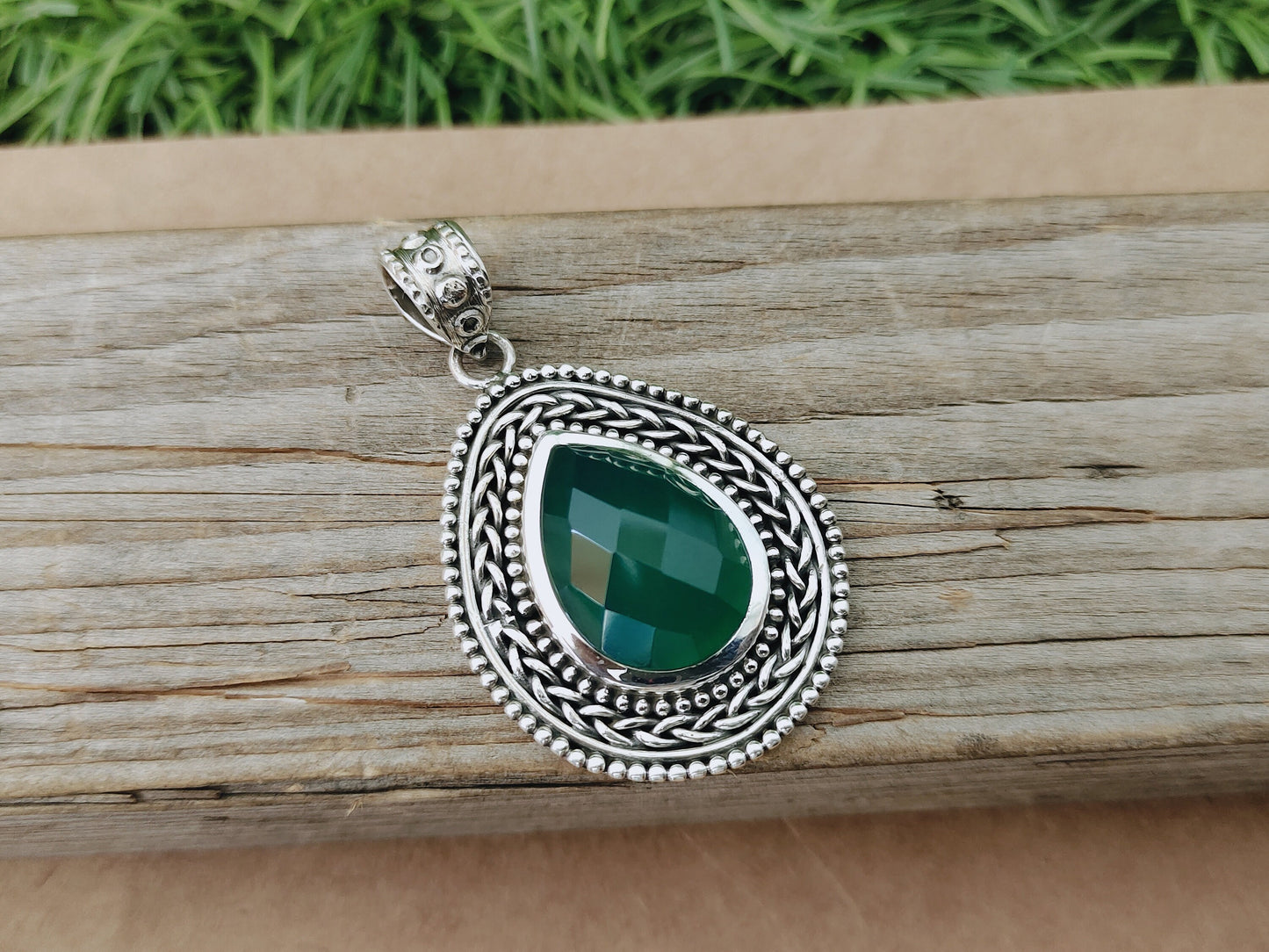 Green Onyx Natural Gemstone  Pendant in Solid 925-Sterling Silver | Gorgeous Handmade Green Onyx Pendant | Boho Pendant Gift for Her - Green