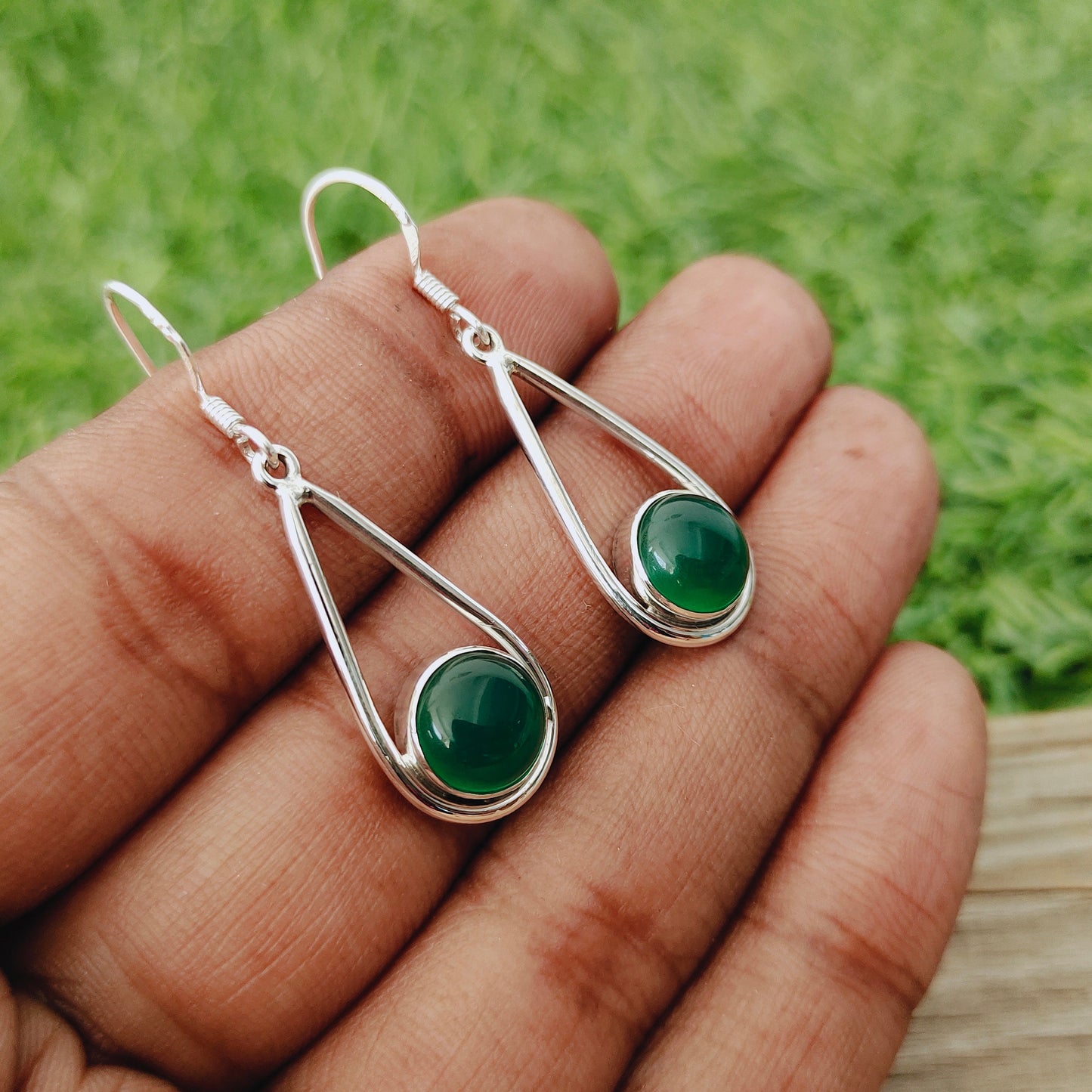 Green Onyx Sterling Silver Handmade Earring |Green Onyx Stone | Daily Wearable Earrings in Round Shape | Bezel Earrings Gifts  - Green Onyx