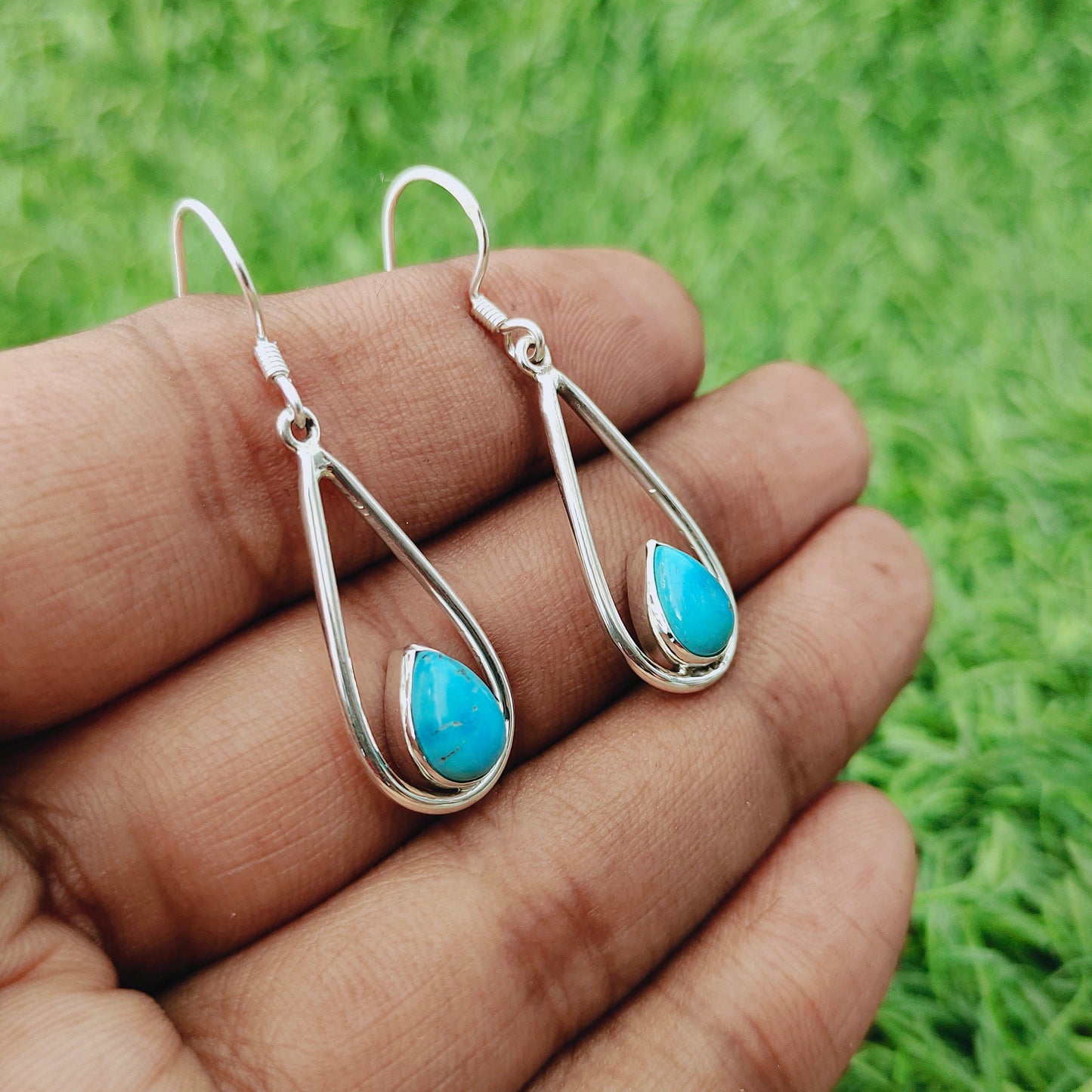 Turquoise Natural Gemstone Sterling Silver Handmade Earring | Turquoise Stone | Daily Wearable Earring in Pear | Bezel Earrings Gift for Her