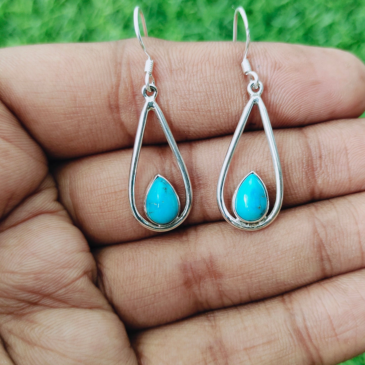 Turquoise Natural Gemstone Sterling Silver Handmade Earring | Turquoise Stone | Daily Wearable Earring in Pear | Bezel Earrings Gift for Her