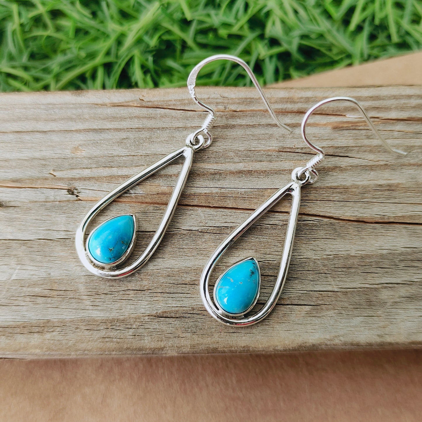 Turquoise Natural Gemstone Sterling Silver Handmade Earring | Turquoise Stone | Daily Wearable Earring in Pear | Bezel Earrings Gift for Her