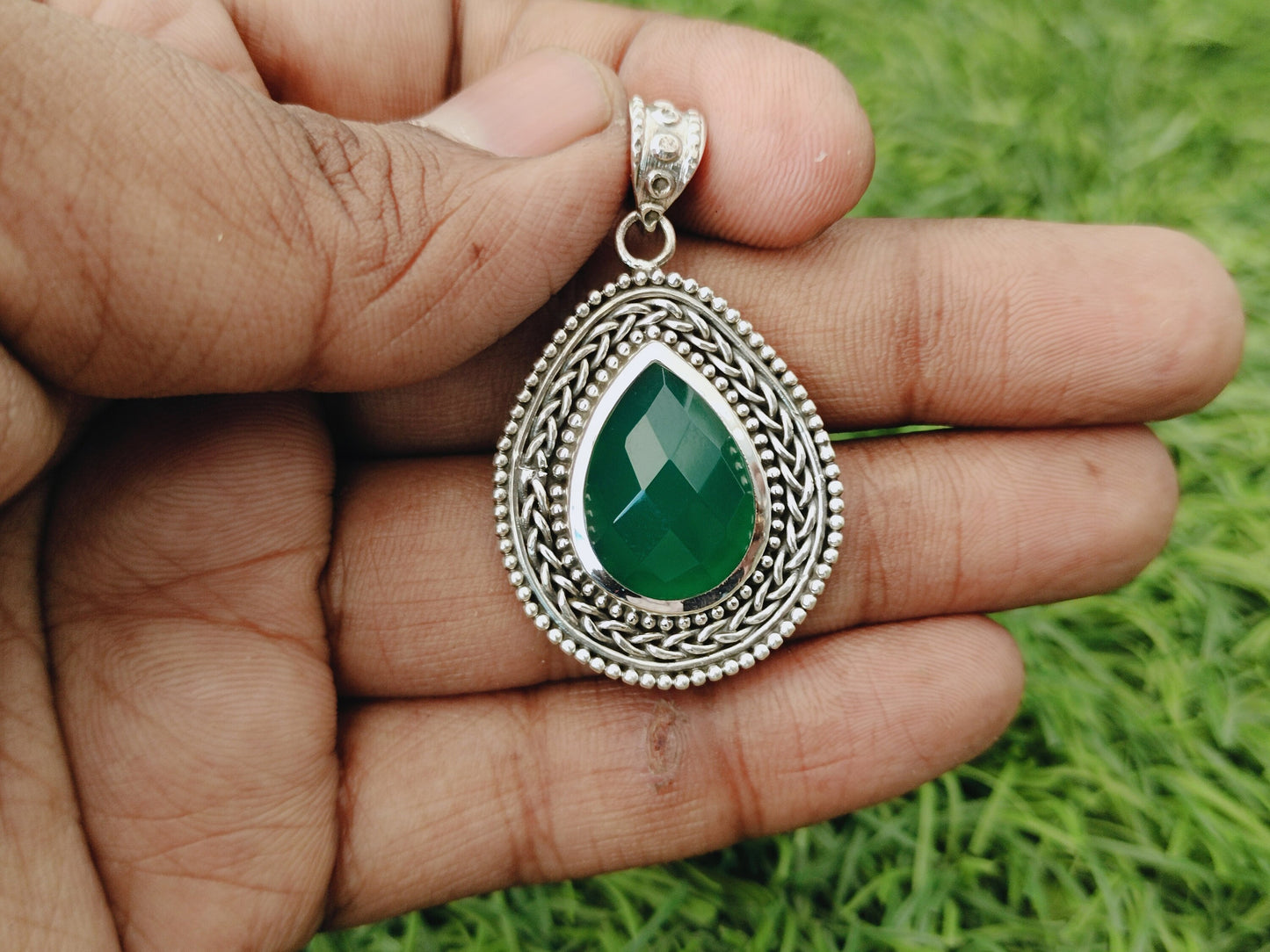 Green Onyx Natural Gemstone  Pendant in Solid 925-Sterling Silver | Gorgeous Handmade Green Onyx Pendant | Boho Pendant Gift for Her - Green