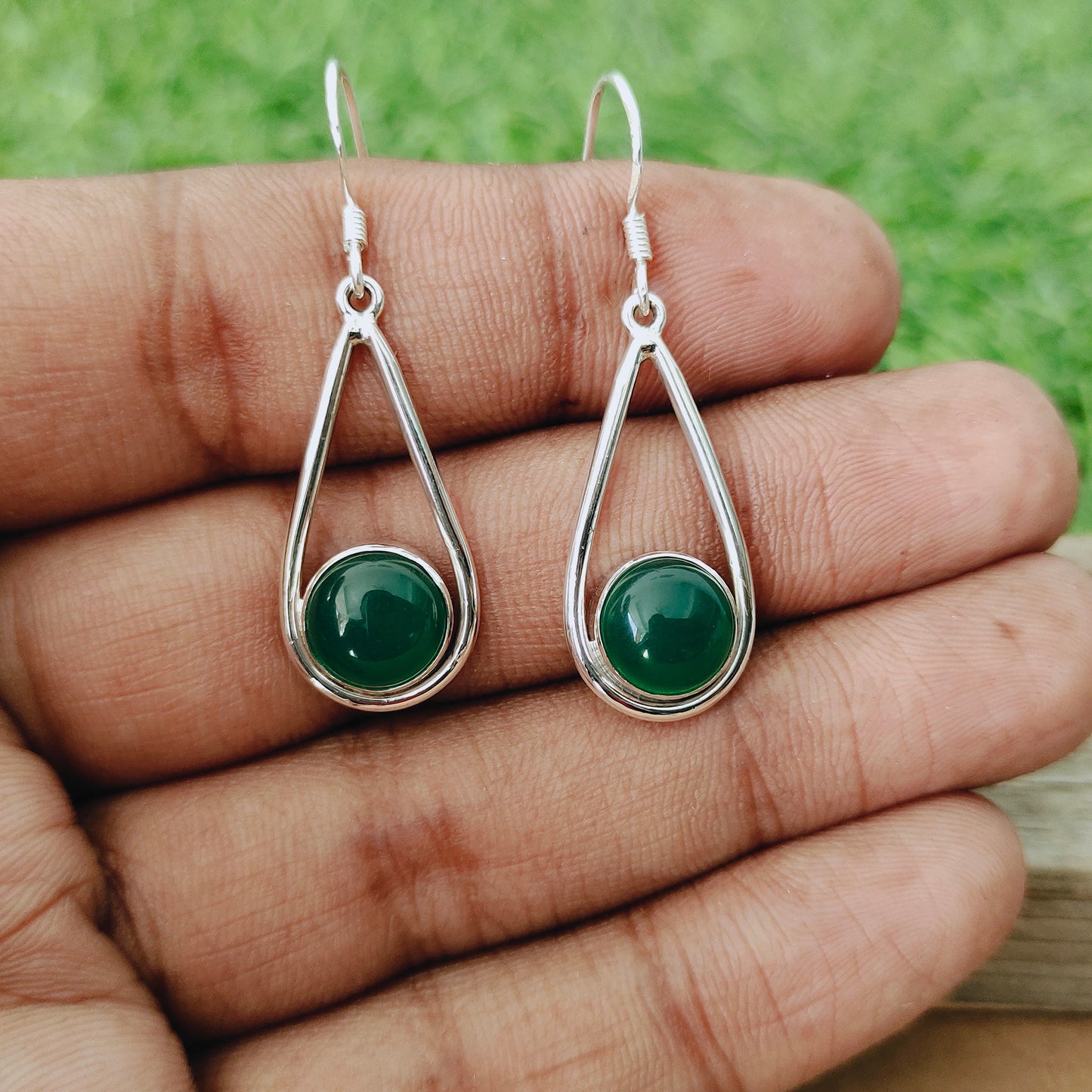 Green Onyx Sterling Silver Handmade Earring |Green Onyx Stone | Daily Wearable Earrings in Round Shape | Bezel Earrings Gifts  - Green Onyx