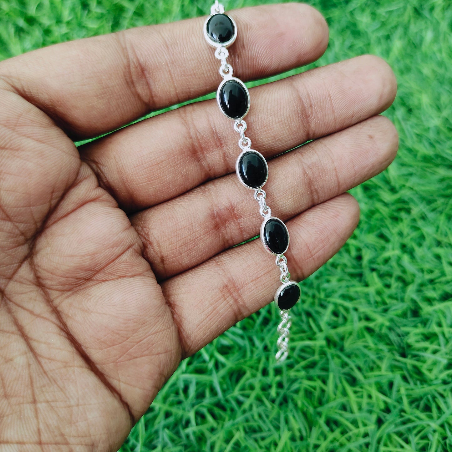 Black Onyx Gemstone Bracelet - Silver Beaded Bracelet - 925 Sterling Silver Bracelet - Dainty Silver Bracelet for Women Bracelets- For Gift