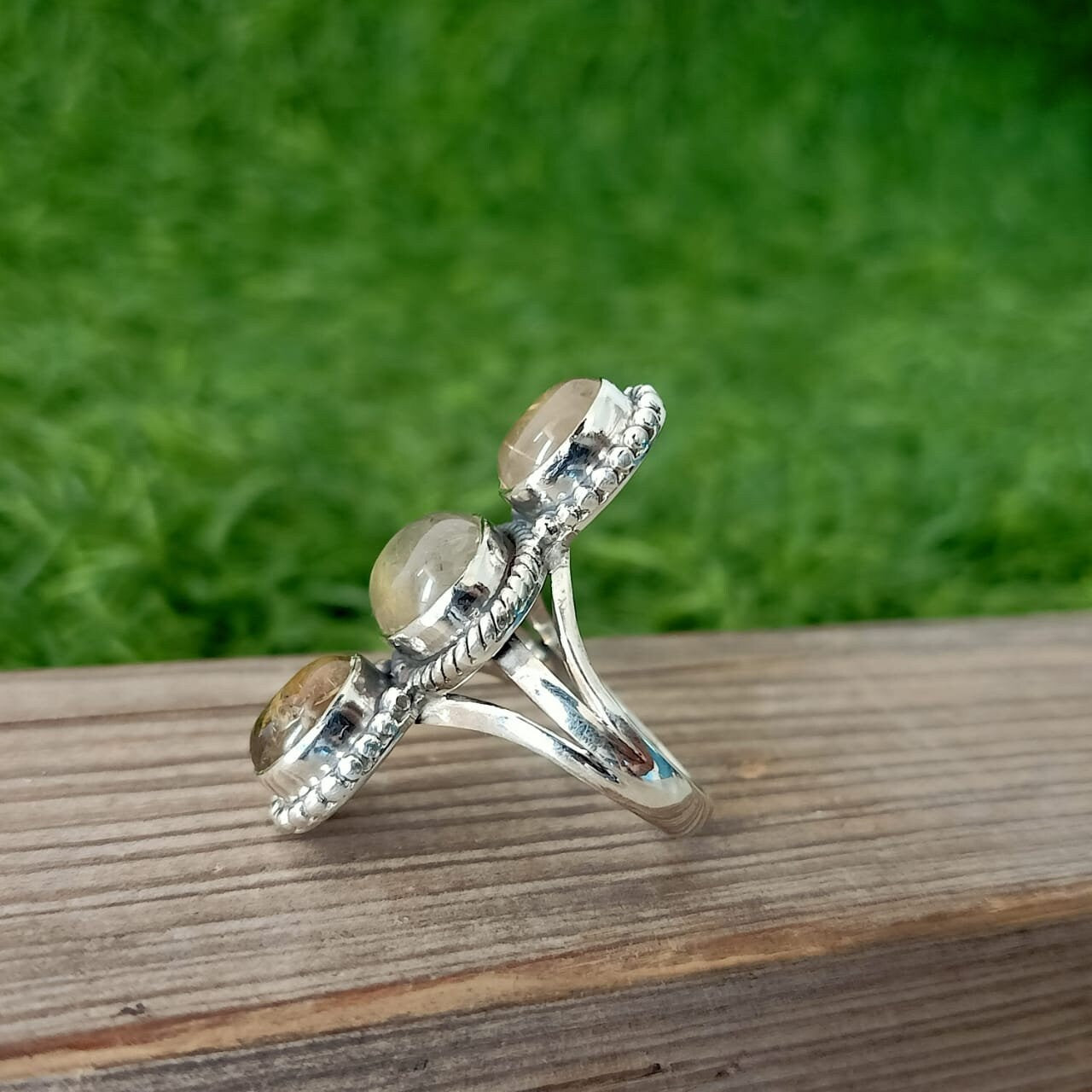 Golden Rutile triple stone ring , Handmade silver ring , 925 sterling silver ring ,silver ring, hand crafted silver ring, middle finger ring