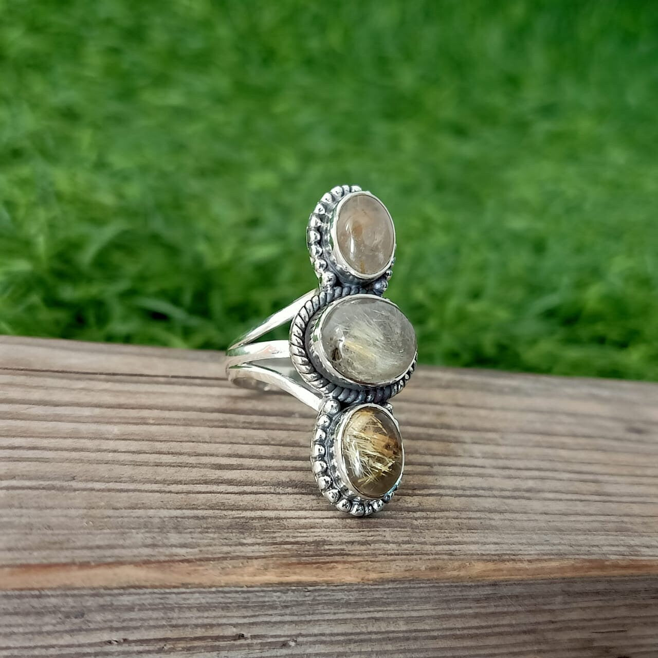 Golden Rutile triple stone ring , Handmade silver ring , 925 sterling silver ring ,silver ring, hand crafted silver ring, middle finger ring