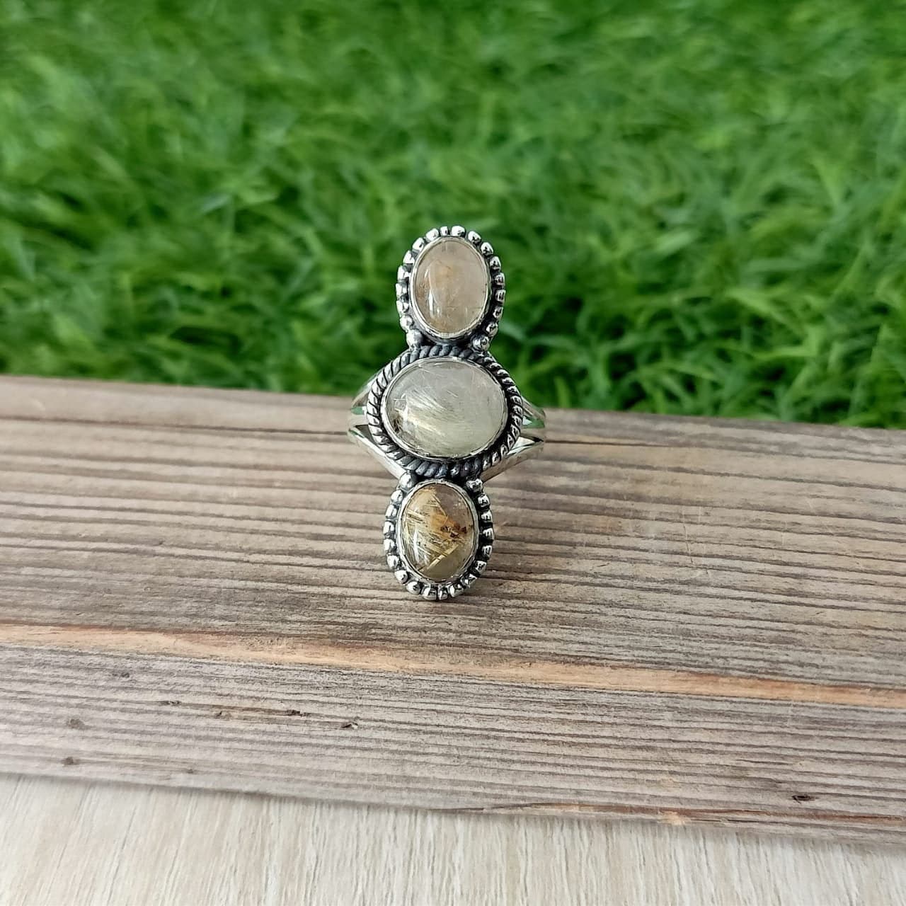 Golden Rutile triple stone ring , Handmade silver ring , 925 sterling silver ring ,silver ring, hand crafted silver ring, middle finger ring