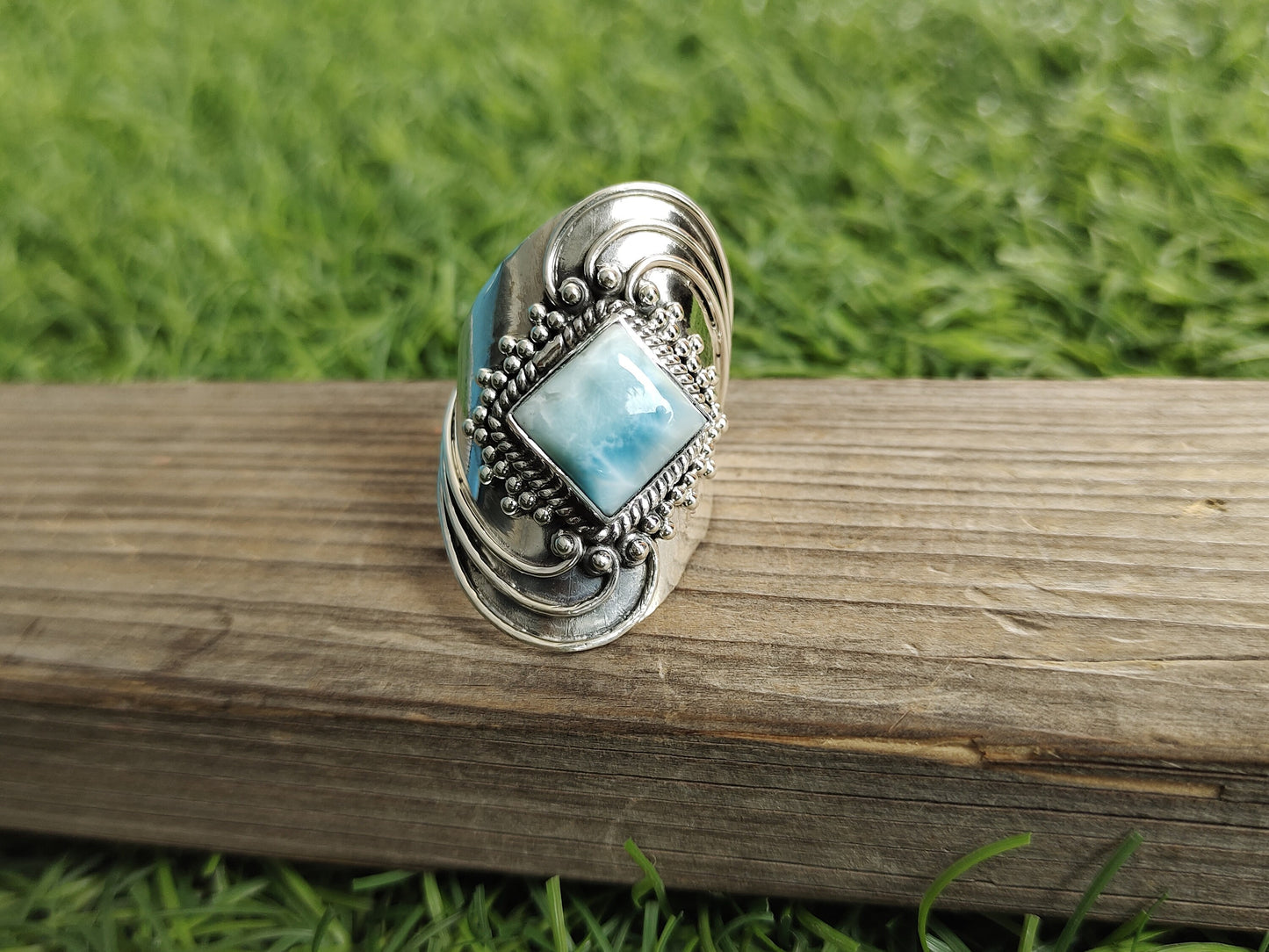 Larimar Natural Gemstone Ring -925 Sterling Silver Ring - Hand Crafted Bohemian Ring- Blue  Larimar  Ring- Rings - Gifts for her -Gifts