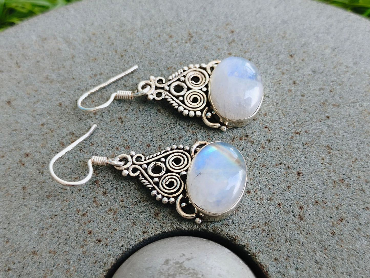 Rainbow Moonstone 925 Sterling Silver Handmade Earring Rainbow Moonstone Oval Shape Silver Earrings  Boho Earrings Gift for Her