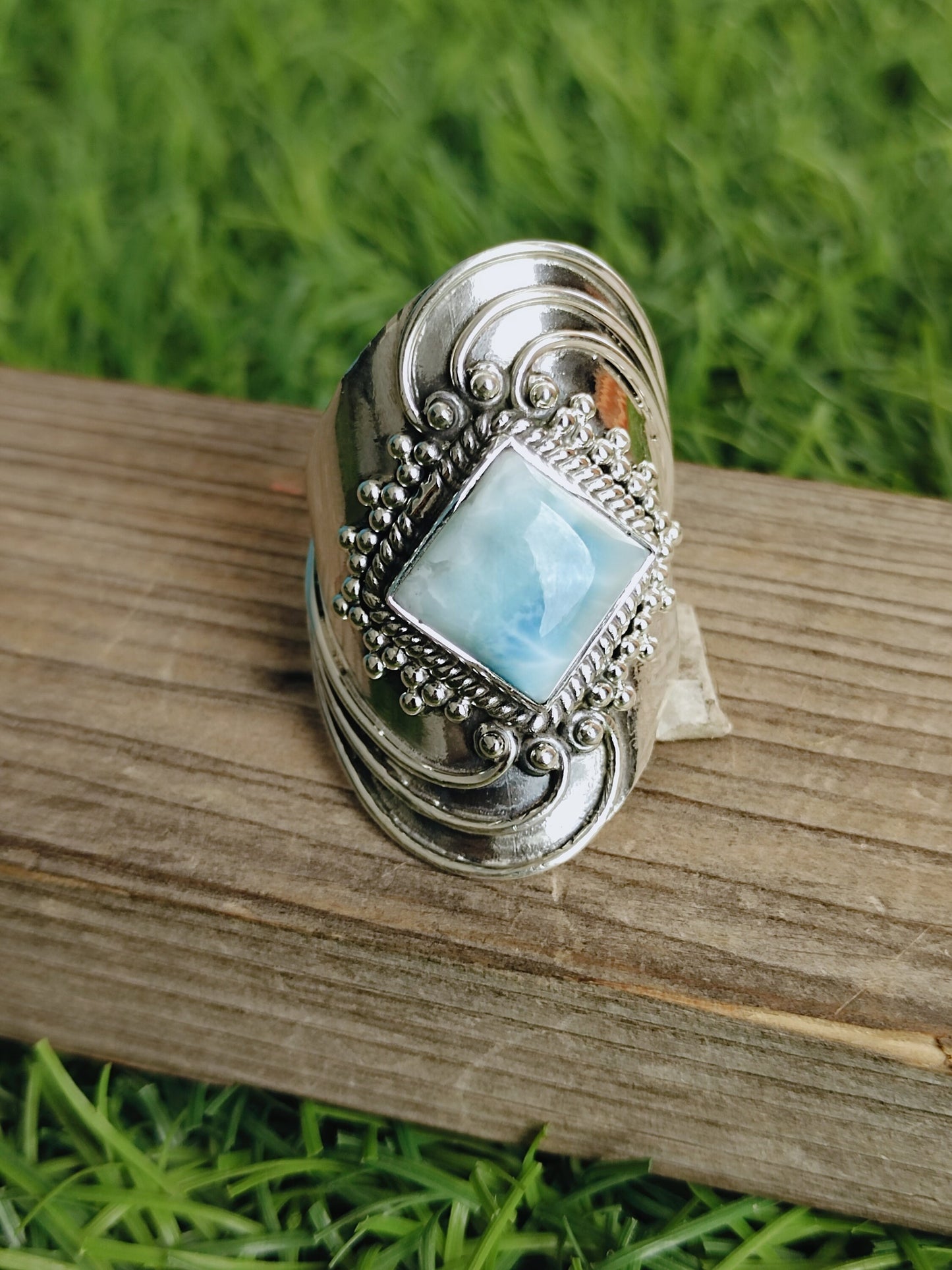 Larimar Natural Gemstone Ring -925 Sterling Silver Ring - Hand Crafted Bohemian Ring- Blue  Larimar  Ring- Rings - Gifts for her -Gifts