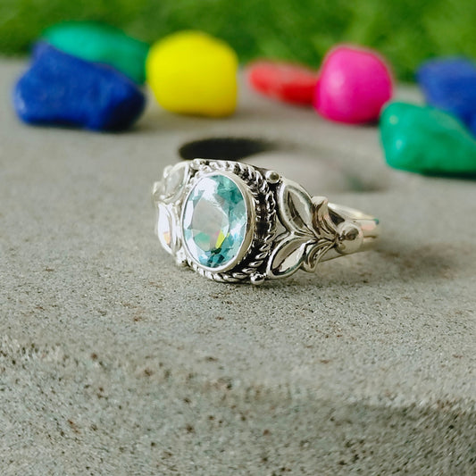minimalist# summer gift# Boho Statement Ring| Blue Topaz Sterling Silver Ring | Boho Ring | Blue Topaz Ring | Rings for Gift - Blue Ring
