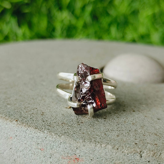 Boho Statement Ring - Raw Gemstone of Garnet Sterling Silver Ring- Hand Crafted Bohemian Ring-Bohemian Ring -Raw Garnet Gemstone - Gifts