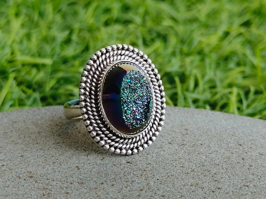 Silver Druzy Sterling Silver Ring - Boho Statement Ring-Hand Crafted Bohemian Ring-Bohemian Ring - Druzy Rings -Gift for her - Blue Ring