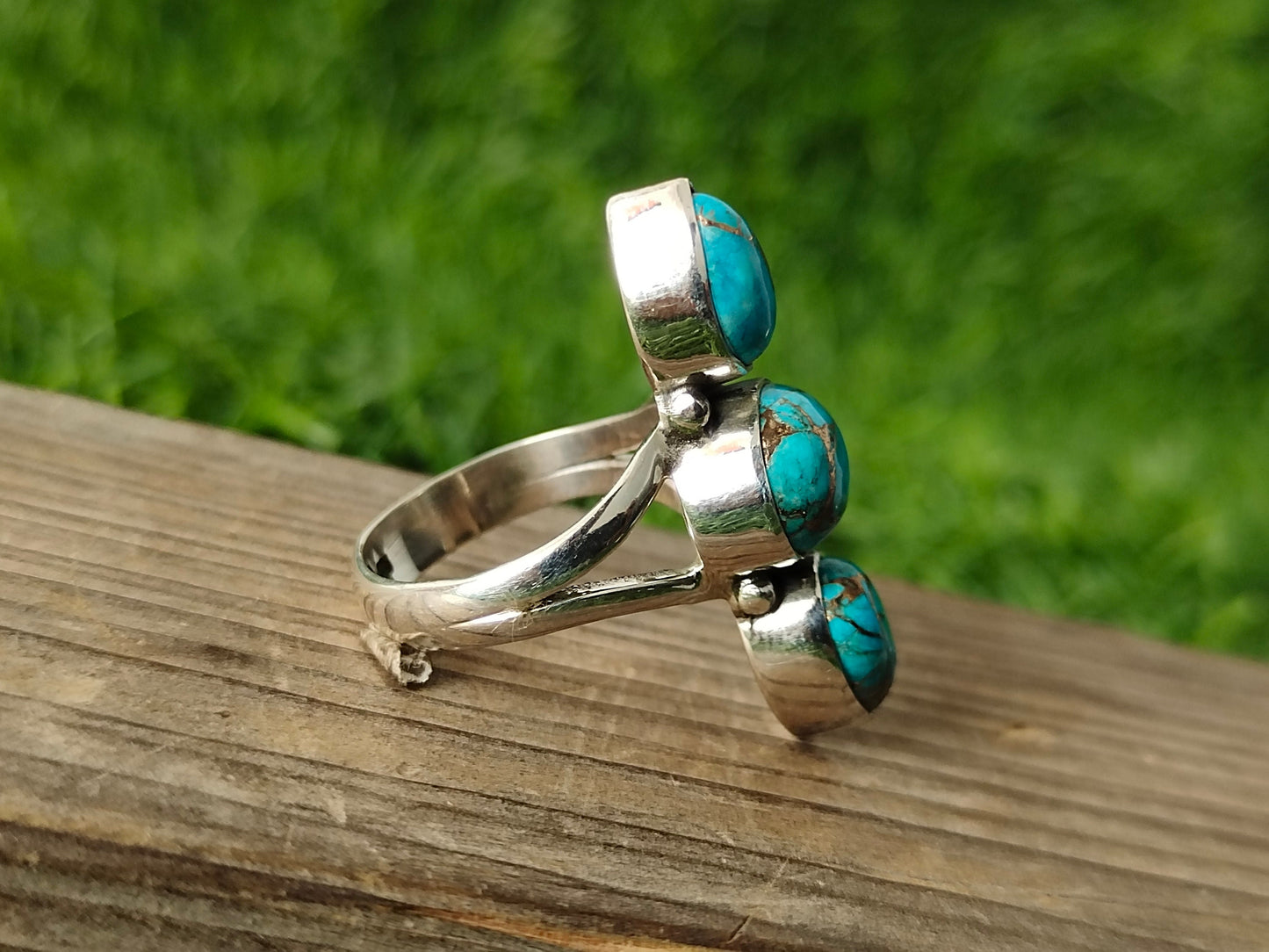 Copper Turquoise Boho Ring, 925 Sterling Silver Ring Copper Turquoise 3 stone ring , big size ring , blue stone ring ,silver ring,boho rings