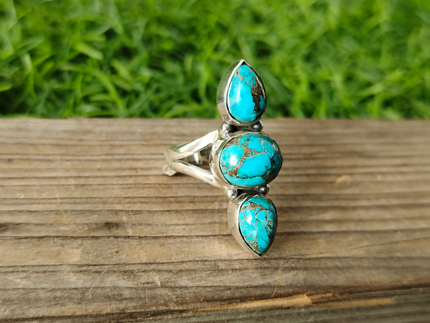 Copper Turquoise Boho Ring, 925 Sterling Silver Ring Copper Turquoise 3 stone ring , big size ring , blue stone ring ,silver ring,boho rings