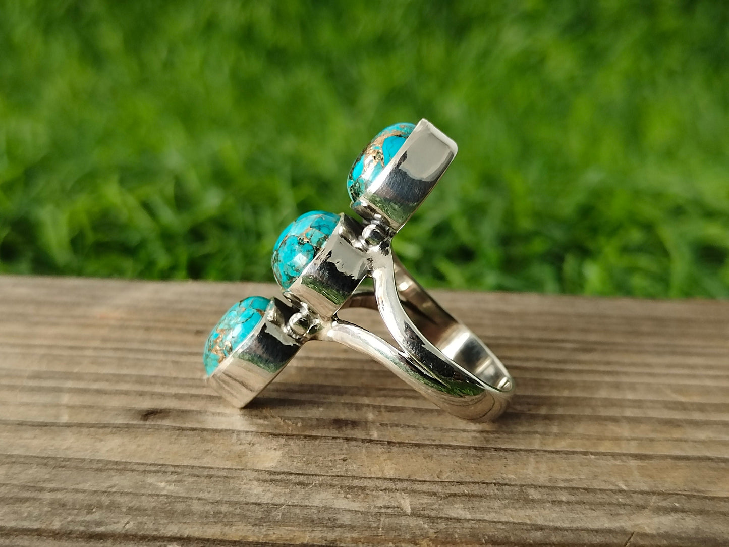 Copper Turquoise Boho Ring, 925 Sterling Silver Ring Copper Turquoise 3 stone ring , big size ring , blue stone ring ,silver ring,boho rings