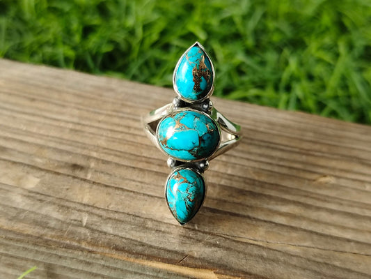 Copper Turquoise Boho Ring, 925 Sterling Silver Ring Copper Turquoise 3 stone ring , big size ring , blue stone ring ,silver ring,boho rings