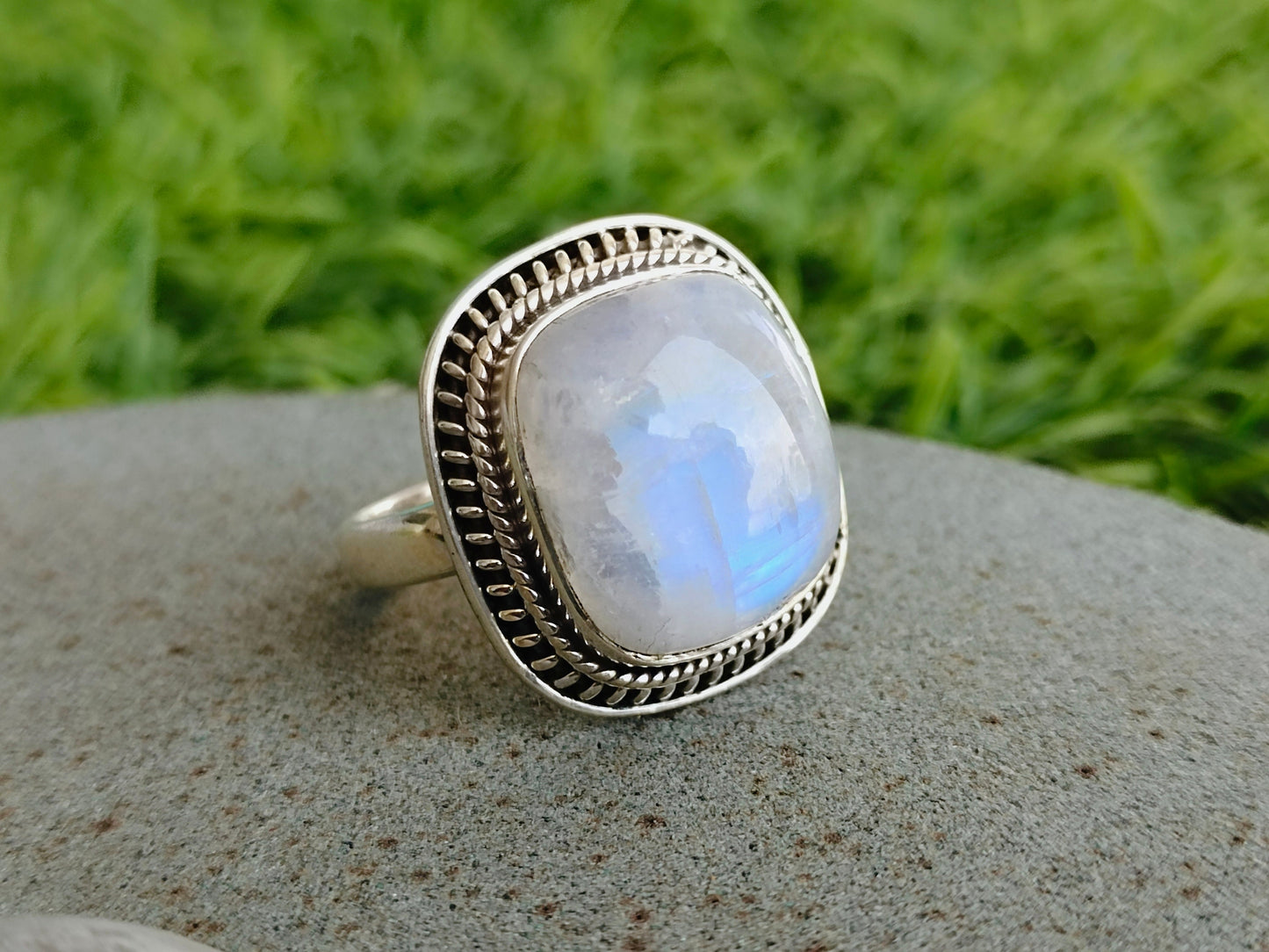 Moonstone Boho Ring - Rainbow Moonstone Sterling Silver Ring - Hand Crafted Bohemian Ring - Rainbow Moonstone- free shipping ring- Square