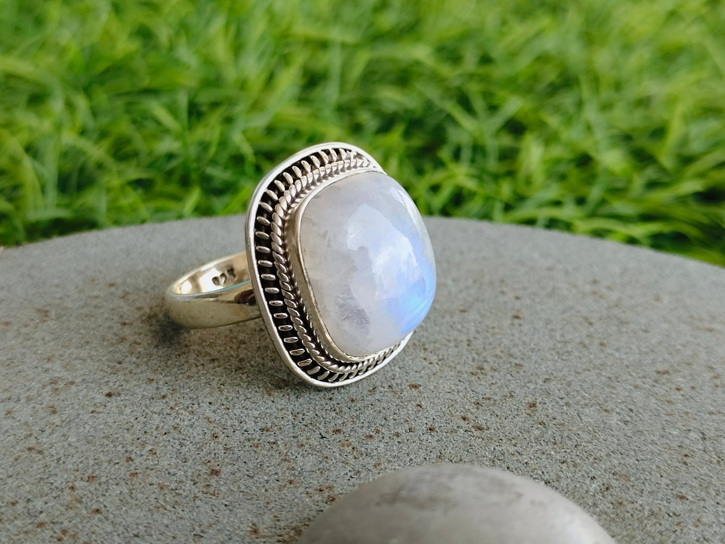 Moonstone Boho Ring - Rainbow Moonstone Sterling Silver Ring - Hand Crafted Bohemian Ring - Rainbow Moonstone- free shipping ring- Square