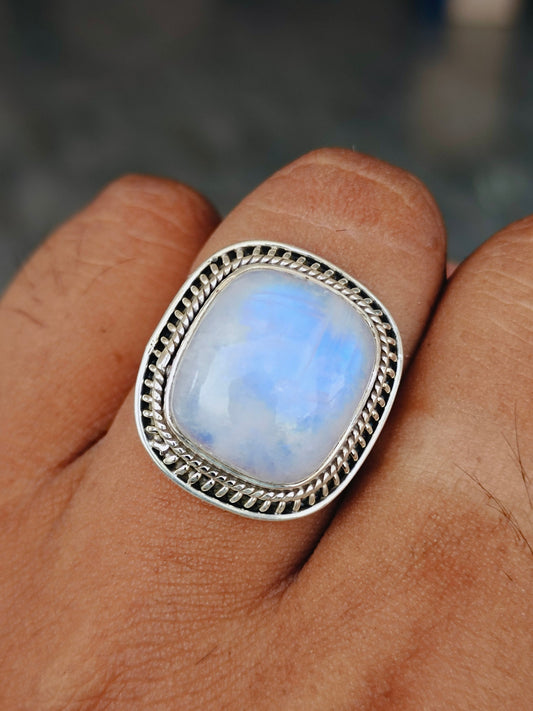 Moonstone Boho Ring - Rainbow Moonstone Sterling Silver Ring - Hand Crafted Bohemian Ring - Rainbow Moonstone- free shipping ring- Square