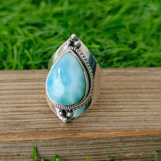 Larimar Natural Gemstone Ring -925 Sterling Silver Ring - Hand Crafted Bohemian Ring- Blue  Larimar  Ring- Rings - Gifts for her -Gifts