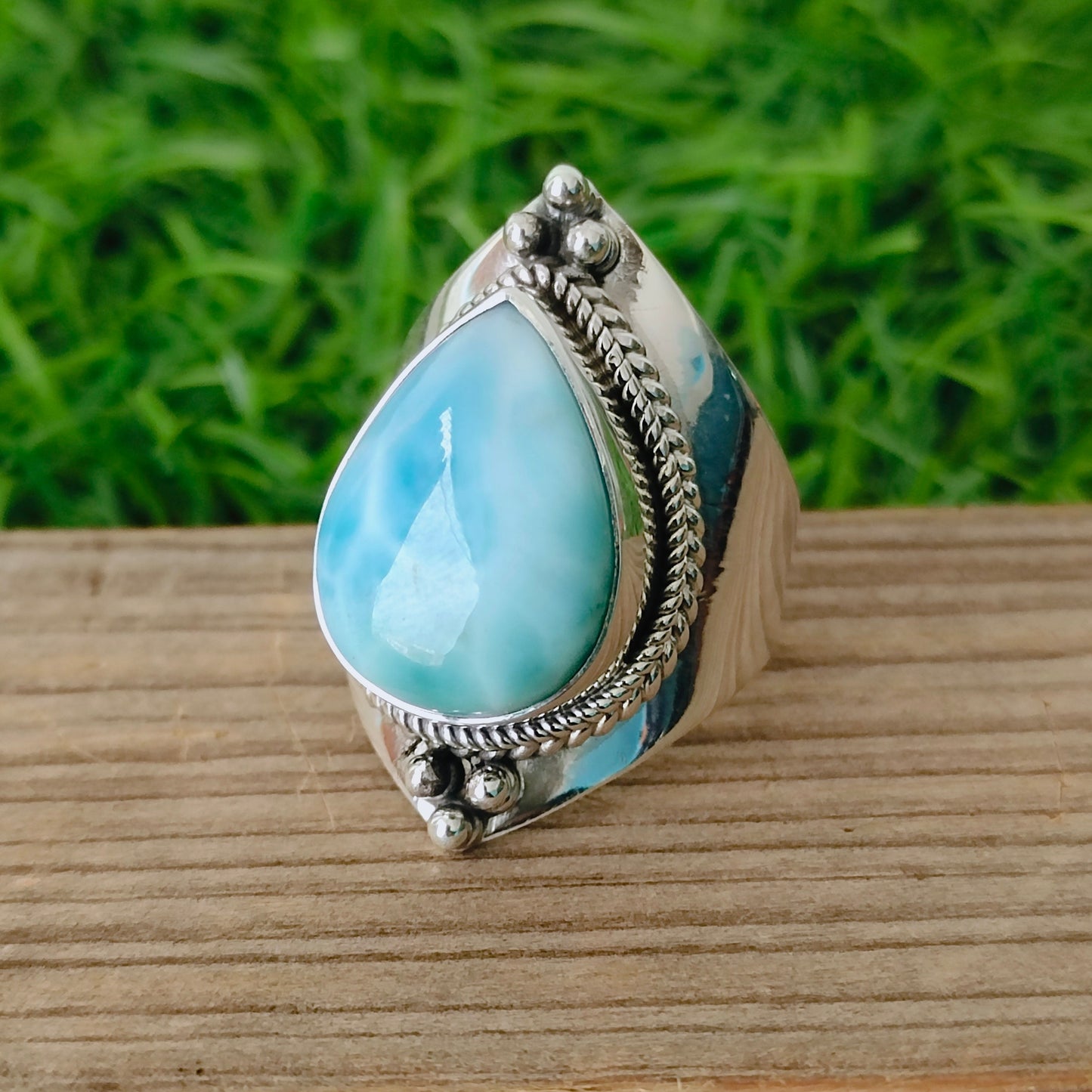 Larimar Natural Gemstone Ring -925 Sterling Silver Ring - Hand Crafted Bohemian Ring- Blue  Larimar  Ring- Rings - Gifts for her -Gifts