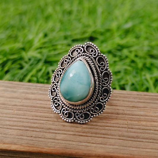 Bague de déclaration Larimar Boho - Bague en argent Larimar - Bague bohème fabriquée à la main - Bague bohème - Bague grande taille - Bagues - Cadeau pour