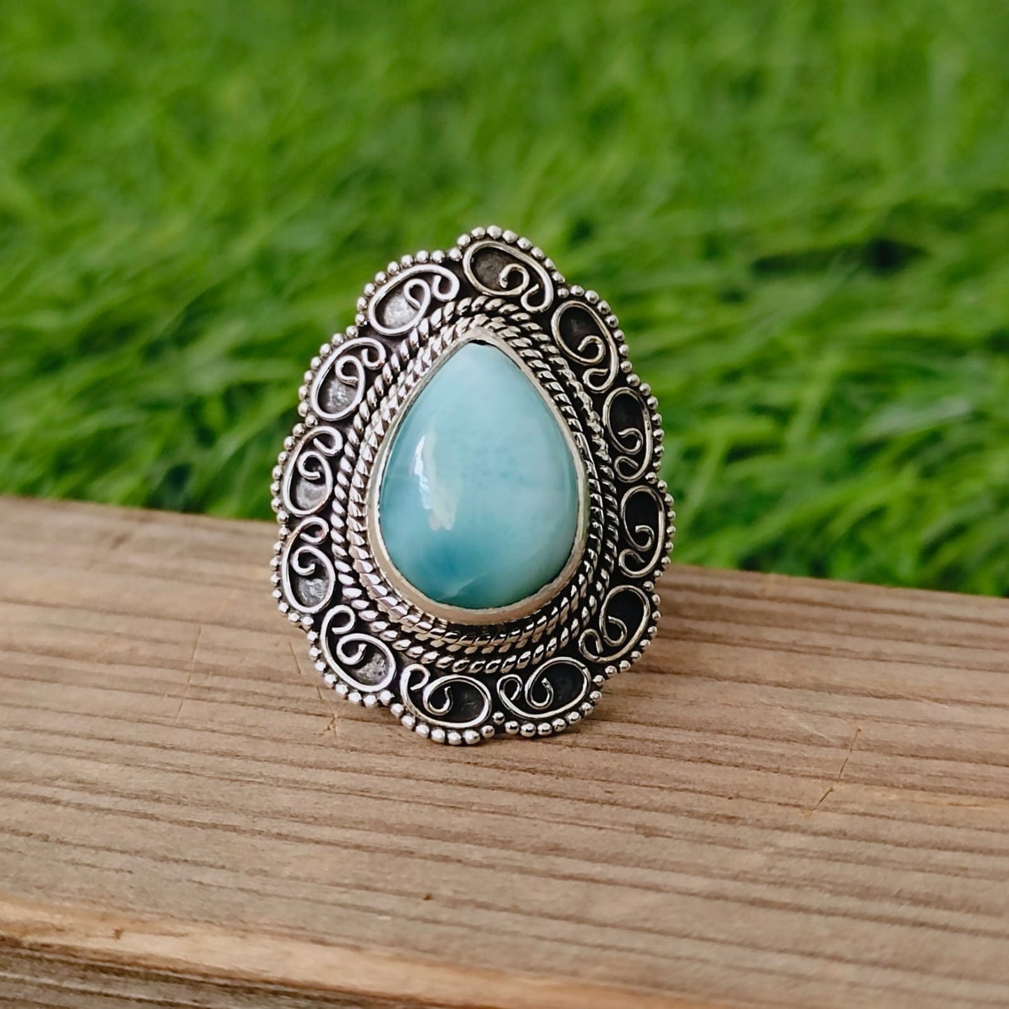 Larimar  Boho Statement Ring - Larimar  Silver Ring - Hand Crafted Bohemian Ring-Bohemian Ring -big Size Ring - Rings -Gift for