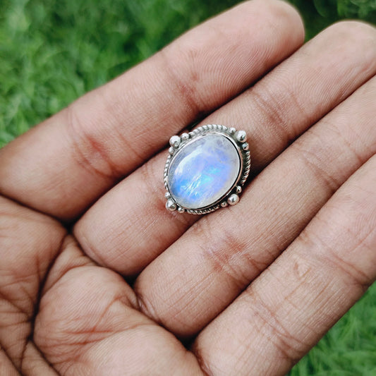 Boho Statement Ring - Rainbow Moonstone Sterling Silver Ring - Hand Crafted Bohemian Ring-Bohemian Ring - Rainbow Moonstone- Rings -Gift for