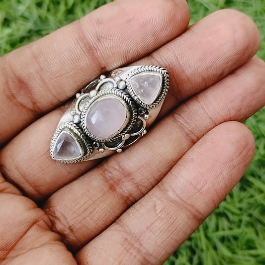 Natural Rose Quartz Silver ring , 925 Sterling Silver ring , Triple Stone Ring , 925 Sterling Silver Ring,Gemstone Ring,Silver Jewelry,Rings