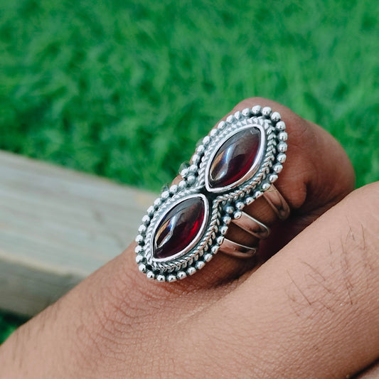 Boho Statement Ring - Garnet dual stone Sterling Silver Ring - Hand Crafted Bohemian Ring-925 sterling silver- dual stone Ring -Gift for her