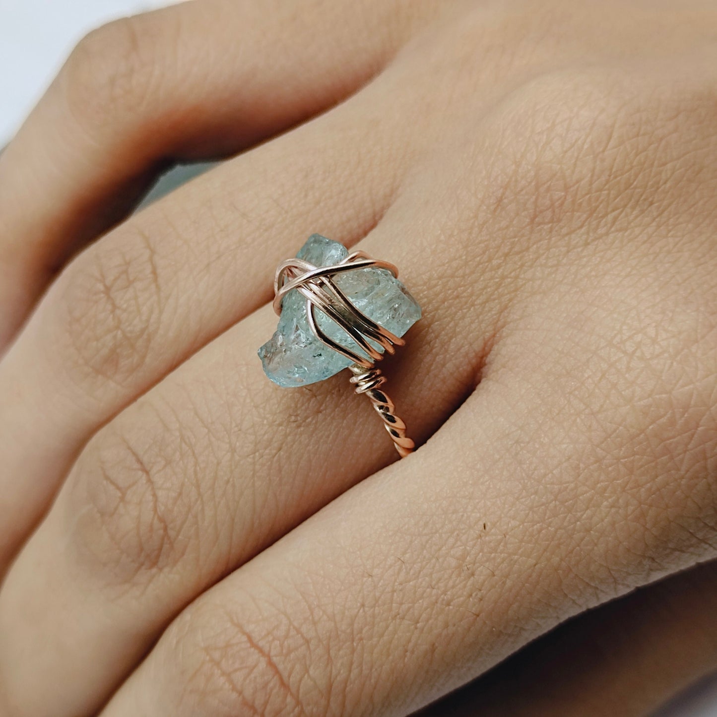 Aquamarine Stone Silver rose gold plated ring, Sterling Silver ring, statement ring, Handmade Silver Ring, aquamarine wired ring, Raw stone