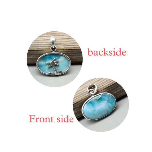 A different coconut tree design larimar gemstone both sided silver pendant, Larimar stone, both sided wearing silver pendant, Handmade