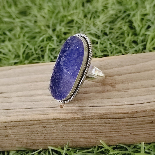 Silver Druzy Sterling Silver Ring - Boho Statement Ring-Hand Crafted Bohemian Ring-Bohemian Ring - Druzy Rings -Gift for her - Blue Ring