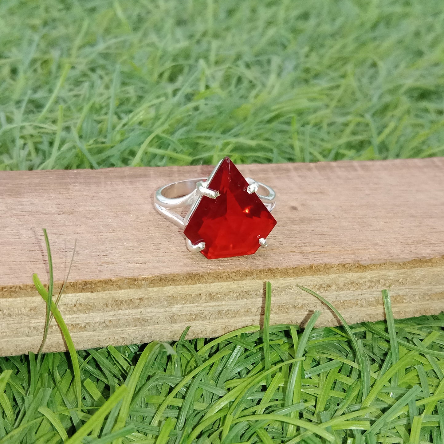 Red Glass Diamond jewelry- Red Glass Stone  - Hand Crafted Diamond Shape Ring -Bohemian Red Glass Ring - minimalist summer gift