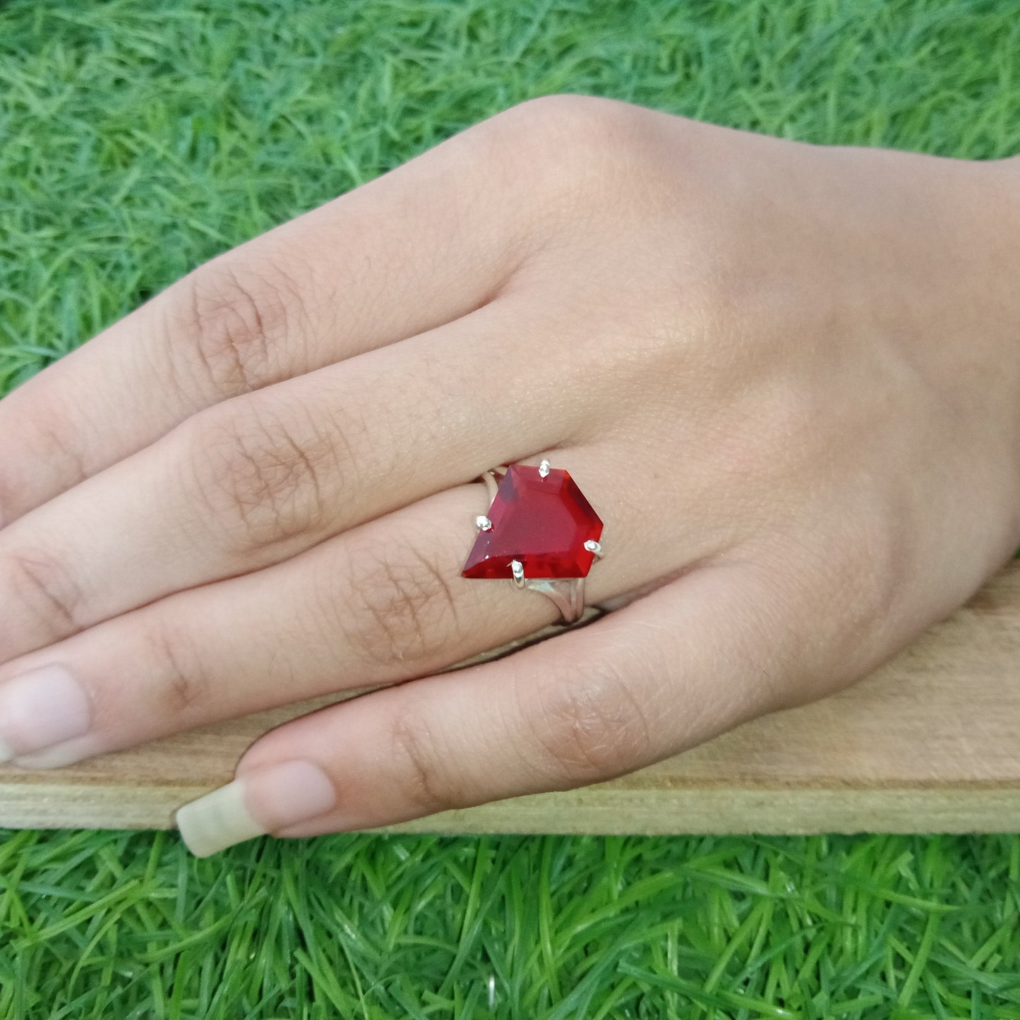 Red Glass Diamond jewelry- Red Glass Stone  - Hand Crafted Diamond Shape Ring -Bohemian Red Glass Ring - minimalist summer gift