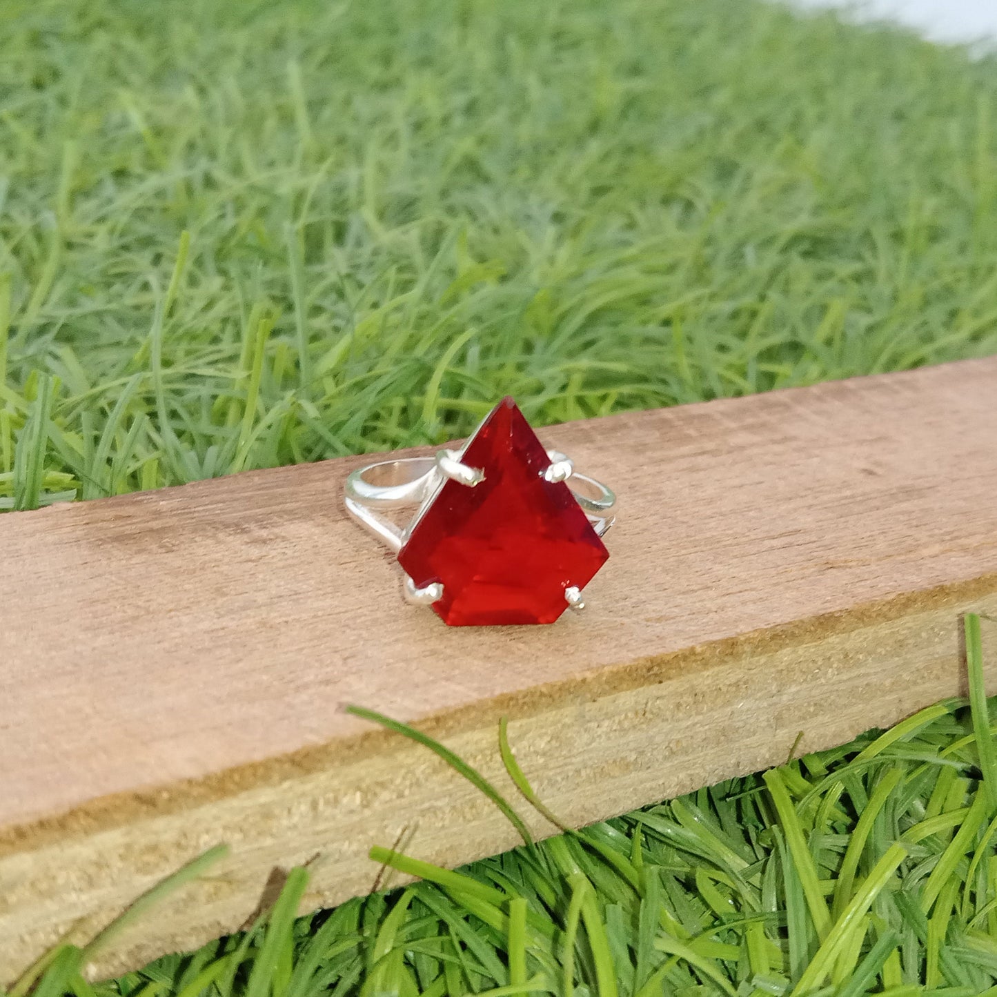 Red Glass Diamond jewelry- Red Glass Stone  - Hand Crafted Diamond Shape Ring -Bohemian Red Glass Ring - minimalist summer gift