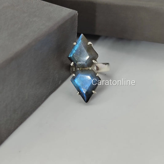Labradorite Double stone Ring - 925 Sterling Silver Ring - dual gemstone ring - Hand Crafted Bohemian Ring - Labradorite gemstone
