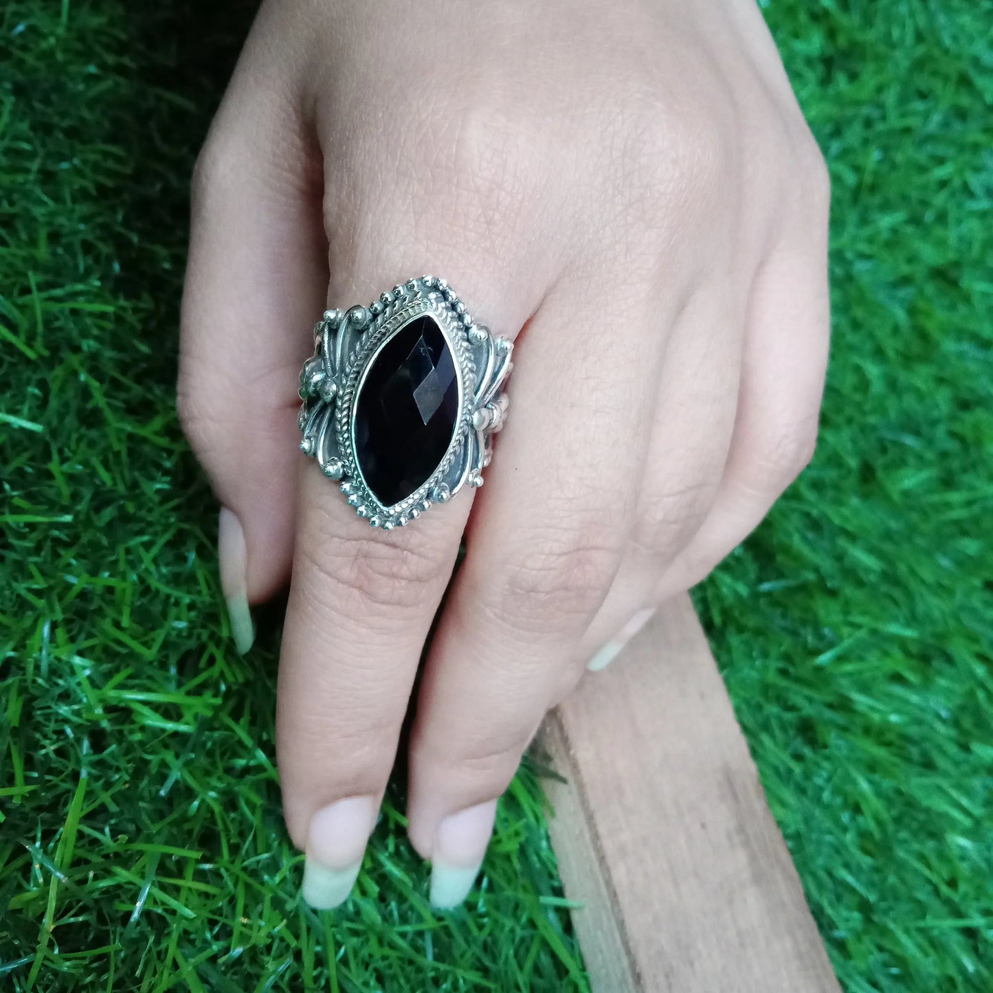 Black Onyx  Boho Statement Sterling silver Ring -Black Onyx Gemstone - Hand Crafted Ring -Bohemian Ring Black Onyx Ring -Rings -Gift for her