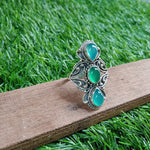 Aqua Calcy & Green onyx Natural Gemstone Ring -925 Sterling Silver Ring - Hand Crafted Bohemian Ring - Triple Stone ring - Dual Gemstones