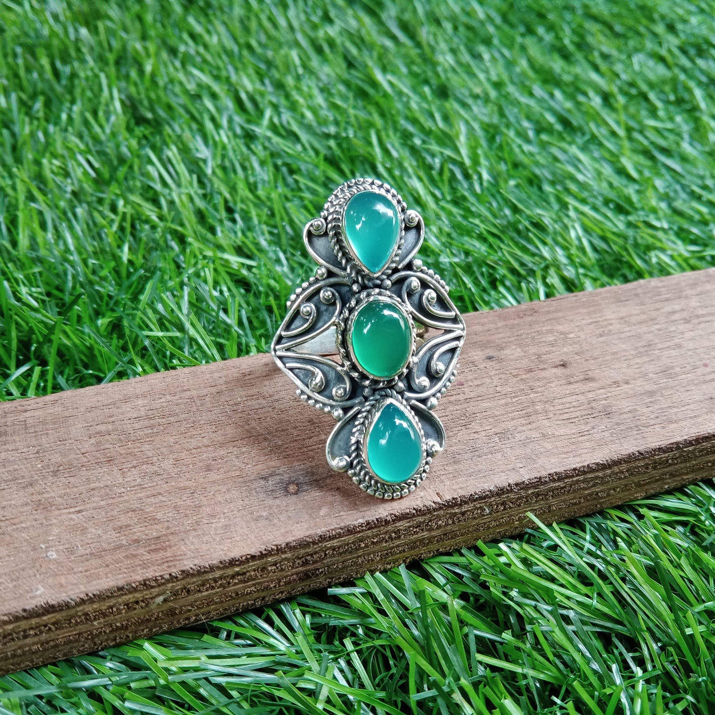 Aqua Calcy & Green onyx Natural Gemstone Ring -925 Sterling Silver Ring - Hand Crafted Bohemian Ring - Triple Stone ring - Dual Gemstones